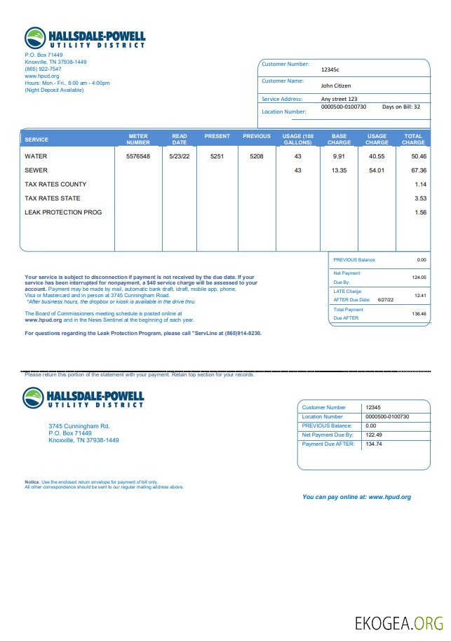 USA Hallsdale Powell utility bill template in Word and PDF format